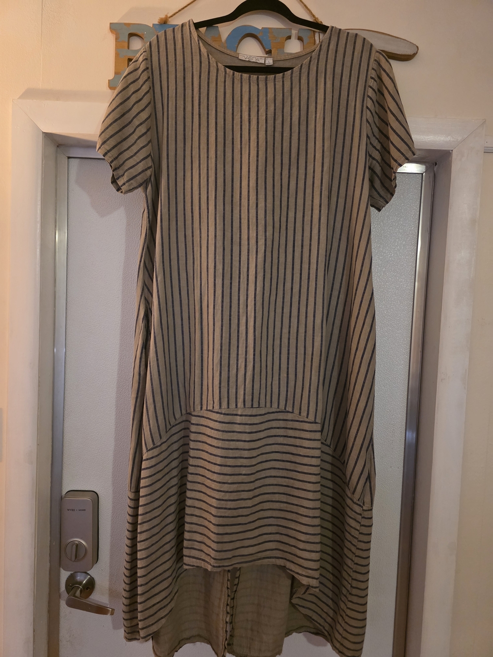 Vasna Italy Olive / Navy Striped 100% Linen Hi-lo Long Dress Large